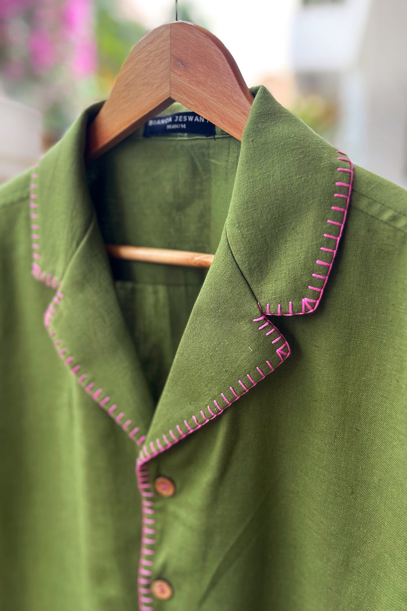 Women's Textured Shirt - Green with Pink Embroidery